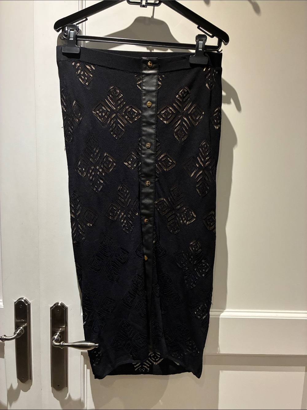 Marciano Black Jacquard Knit Faux Leather Placket Pencil Skirt Size L 👵MT